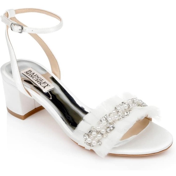 Badgley Mischka Shoes - Badgley Mishka White Block Heel Sandals Talitha Satin Pearl Low 2 in. Heel